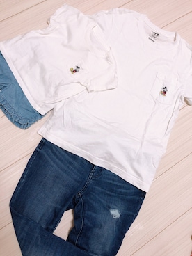 「UNIQLO（ユニクロ）の「ミッキースタンズ」ポケツキT（半袖）（Tシャツ/カットソー、ホワイト系）」を使った、yuzuさん（レディース・161cm）の夏コーディネート