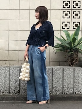 「リメイクデニム」｜「アイテム（シャツ/ブラウス）」を使った、nano・universe press天本さん（レディース・162cm）の夏コーディネート