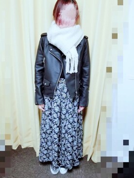「マキシスカート」｜「アイテム（ライダースジャケット）」を使った、eruさん（レディース・163cm）の冬コーディネート