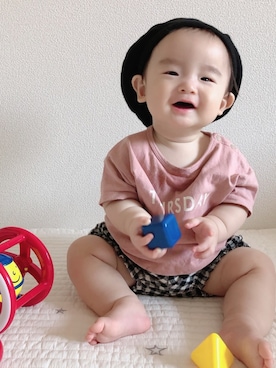 「息子コーデ」｜「アイテム（ハンチング/ベレー帽）」を使った、rinrenさん（キッズ・70cm）の夏コーディネート