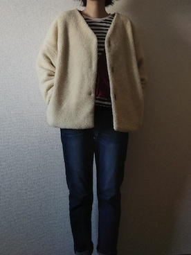 「テーパードデニム」｜「アイテム（ノーカラージャケット）」を使った、memeppさん（レディース・170cm）の冬コーディネート