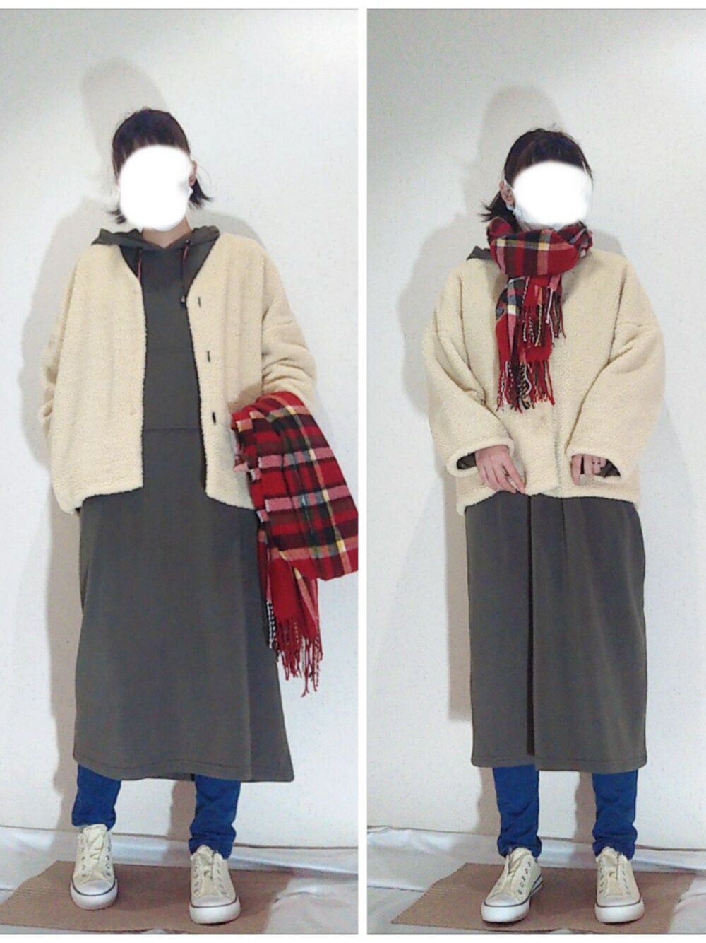 「ボアアウター、マキシ丈ワンピース、エアパンツ、プチプラコーデ、スウェットワンピース」｜「earth music&ecologyの2wayボア&キルティングコート(ショート)（ノーカラージャケット、ホワイト系）」を使った、memeppさん（レディース・170cm）の秋コーディネートの1枚目の写真