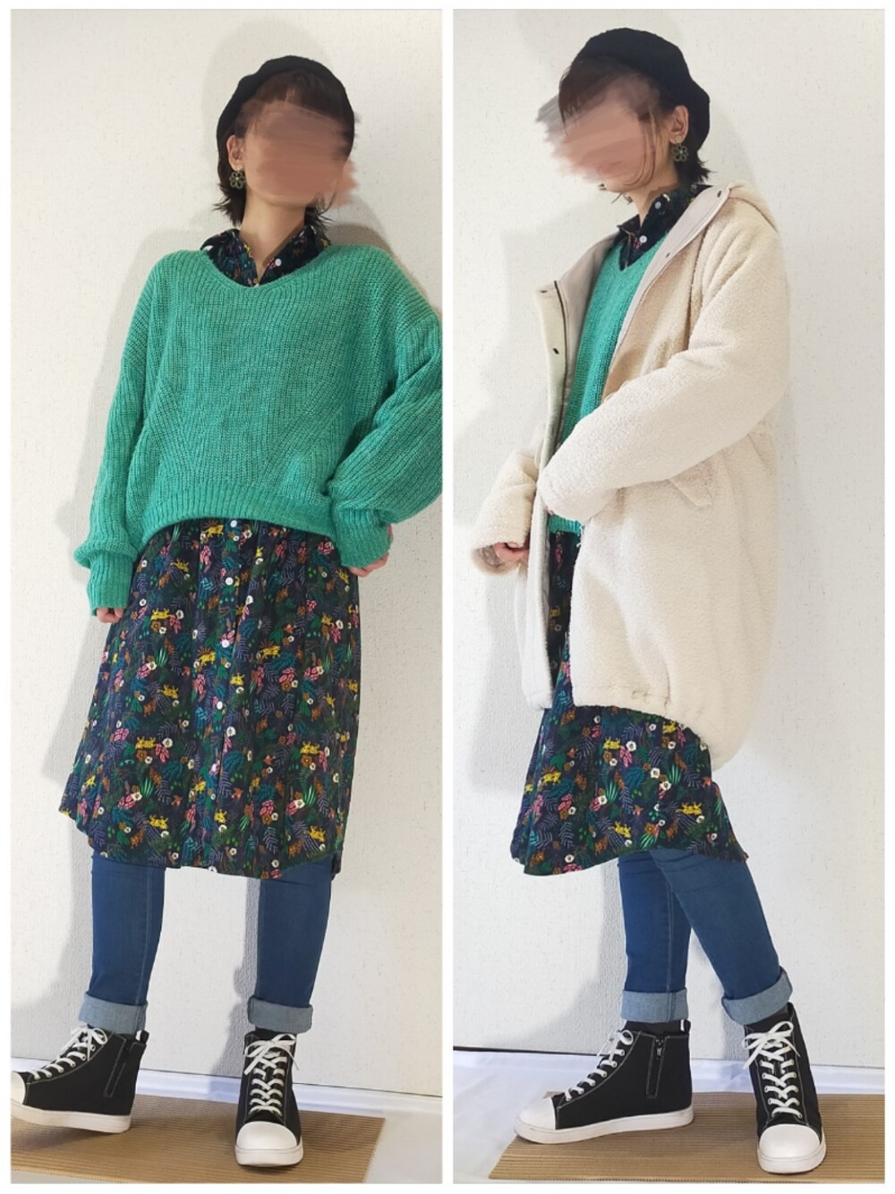 「イーザッカマニアストアーズ、モッズコート、カラーニット、ベレー帽、エアパンツ、シャツワンピース、高身長女子、高身長コーデ、プチプラコーデ」｜「e-zakkamania storesの綿麻フランネル アニマル柄 シャツワンピース

（シャツワンピース、グリーン系）」を使った、memeppさん（レディース・170cm）の冬コーディネートの1枚目の写真