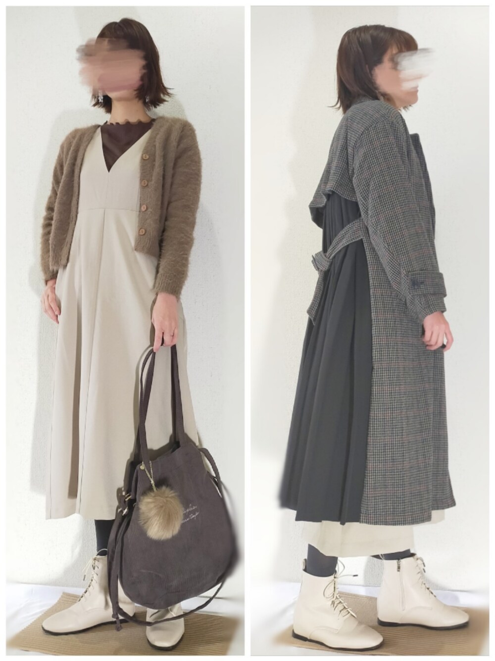 「プチプラコーデ、ジャンパースカート、シャギーニット、ショートカーディガン、ロングコート、編み上げブーツ、ブラウンコーデ、バックプリーツ、高身長女子、高身長コーデ」｜「zootieのシャギーニット ショートカーディガン（カーディガン/ボレロ、ブラウン系）」を使った、memeppさん（レディース・170cm）の冬コーディネートの1枚目の写真