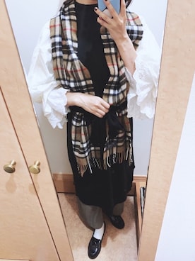 「チェックマフラー」｜「アイテム（ワンピース/ドレス）」を使った、スガオさん（レディース・166cm）の秋コーディネート