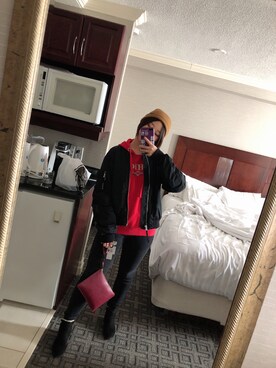 「GAP（ギャップ）のアイテム（ライダースジャケット）」を使った、Chris Liさん（レディース・157cm）の冬コーディネート
