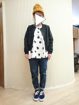 「ヘアアレンジ」｜「アイテム（MA-1）」を使った、ゆかさん（レディース・154cm）の冬コーディネート