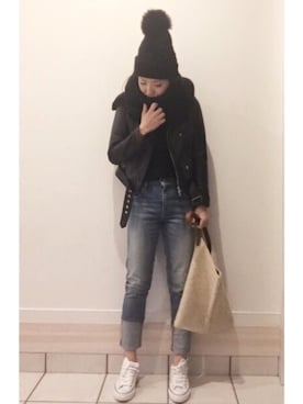 「PLAIN CLOTHING（プレーンクロージング）のアイテム（ニットキャップ/ビーニー）」を使った、a.megumiさん（レディース・160cm）の冬コーディネート