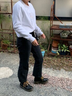 「GU（ジーユー）のアイテム（デニムパンツ、ブラック系）」を使った、sh02112さん（レディース・158cm）の冬コーディネート