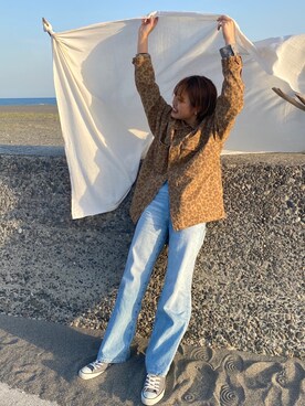 「UNIQLO（ユニクロ）のハイライズワイドストレートジーンズ（デニムパンツ、ブルー系）」を使った、sh02112さん（レディース・158cm）の春コーディネート