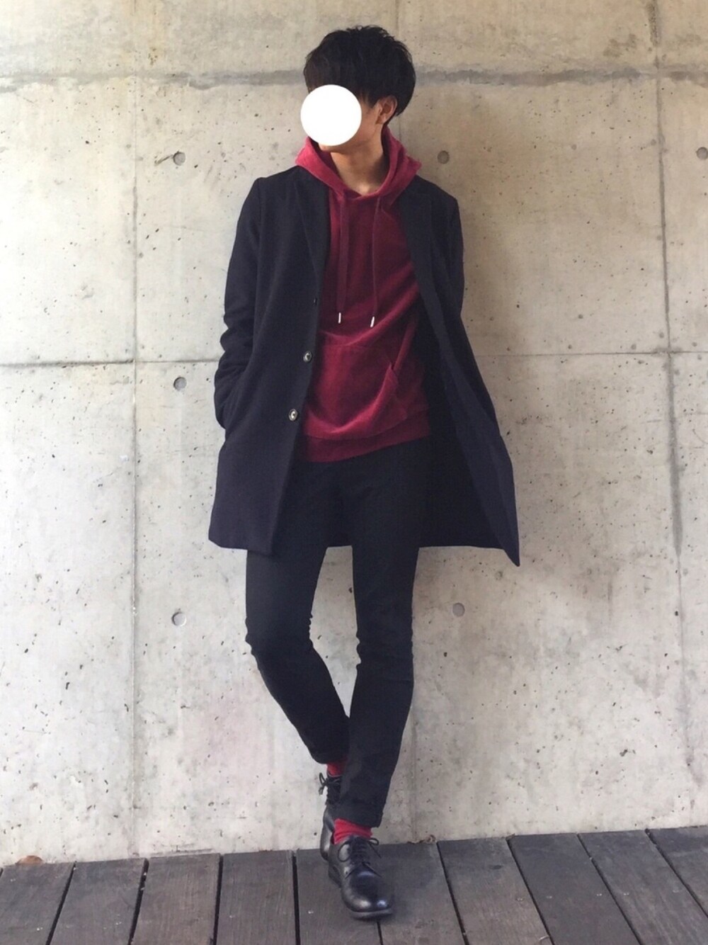 「シンプル、キレイめ、黒スキニー、GU、プチプラ、革靴、HARE、コート、ootd、2018マイベストコーデ」｜「BACK NUMBERの【BACK NUMBER】撥水加工メルトンチェスターコート（チェスターコート、ブルー系）」を使った、chi-tanさん（メンズ・175cm）の冬コーディネートの1枚目の写真