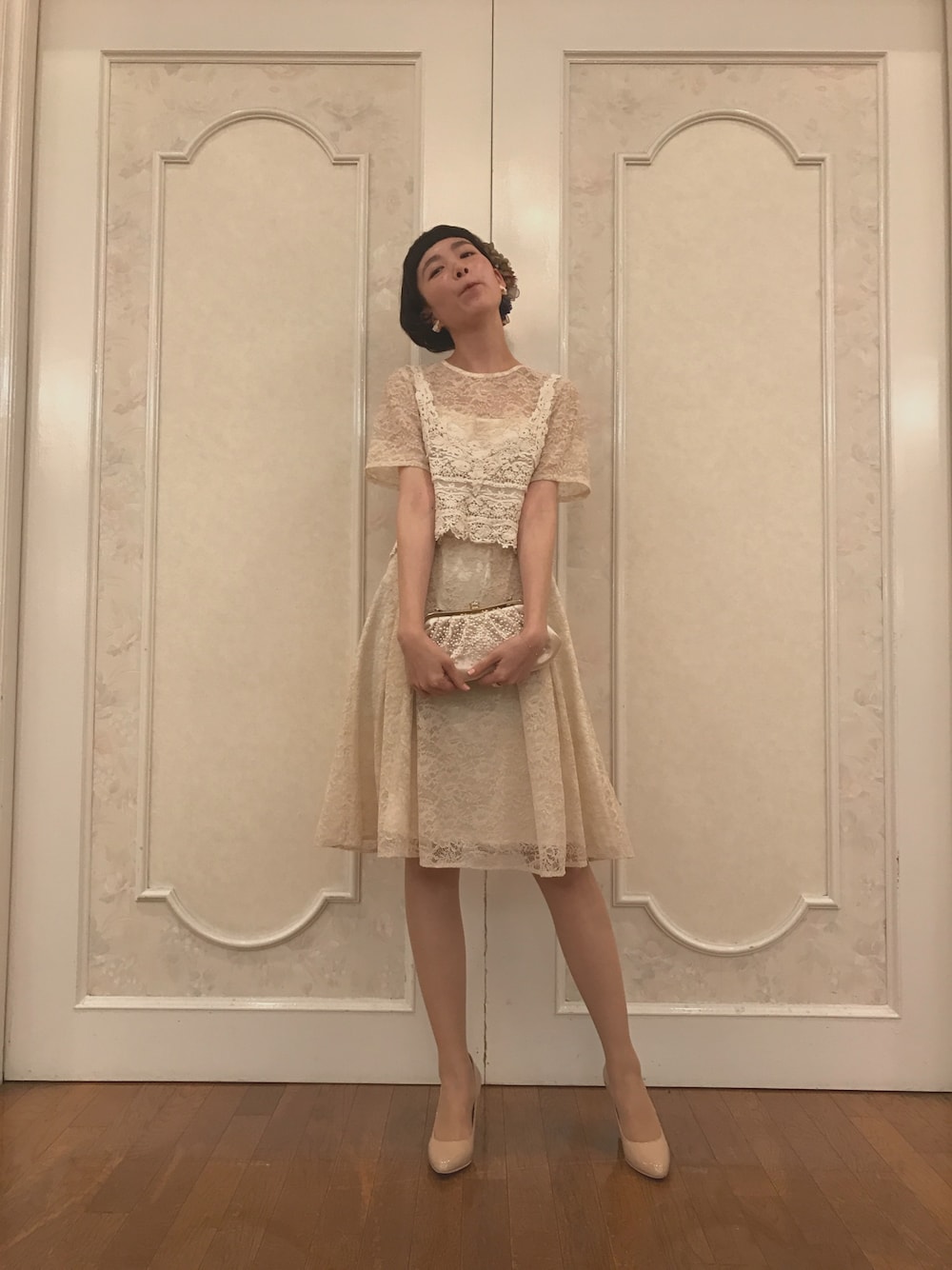 「同窓会、セミフォーマル、ドレス、ワンピース」｜「YECCA VECCAのアイテム（ドレス、ベージュ系）」を使った、chihoさん（レディース・171cm）の冬コーディネートの1枚目の写真