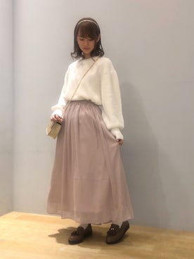 「earth music&ecology（アースミュージックアンドエコロジー）のチェーンミニショルダーバッグ　＊（ショルダーバッグ）」を使った、まゆまろさん（レディース・154cm）の秋コーディネート