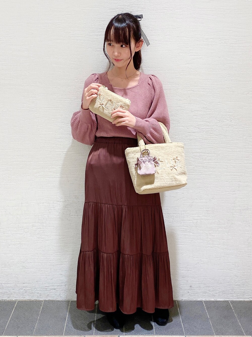 超レア色　新品未開封　タグ付　ベアチャーム付きダブルリボントートバッグ　パープル 超レア色 新品未開封 タグ付 ベアチャーム付きダブルリボン