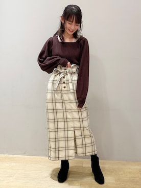 「earth music&ecology（アースミュージックアンドエコロジー）のスクエアケーブルニットプルオーバー ＊（ニット/セーター）」を使った、まゆまろさん（レディース・154cm）の冬コーディネート
