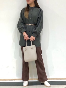 「ミクロコールバンドカラーシャツチュニック」｜Raycassin_officialさん（レディース・155cm）の冬コーディネート