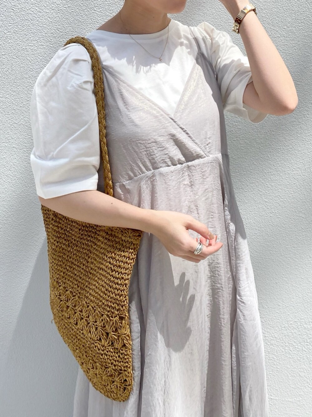 「ワンピース、Ray Cassin、低身長、新生活、セットアイテム、シアーワンピース」｜「RAY CASSINの箔プリントキャミワンピースセット（ワンピース、ブルー系）」を使った、Raycassin_officialさん（レディース・155cm）の春コーディネートの1枚目の写真