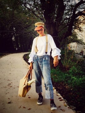 「BEAMS（ビームス）のアイテム（サスペンダー）」を使った、竹山志津子さん（レディース・166cm）の秋コーディネート