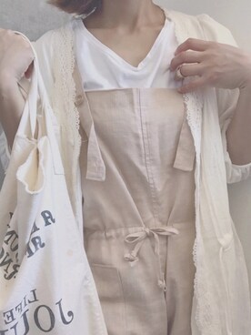 「アイテム（つなぎ/オールインワン、ベージュ系）」を使った、m♡ao*さん（レディース・152cm）の春コーディネート