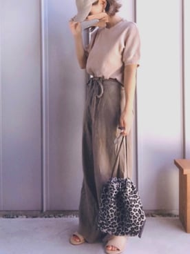 「UNIQLO（ユニクロ）のワッフルクルーネックT（5分袖）（Tシャツ/カットソー）」を使った、m♡ao*さん（レディース・152cm）の夏コーディネート