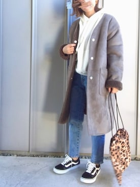 「ZOZO（ゾゾ）のスリムテーパードデニムパンツ［WOMEN］（デニムパンツ）」を使った、m♡ao*さん（レディース・152cm）の秋コーディネート