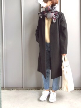 「ZOZO（ゾゾ）のスリムテーパードデニムパンツ［WOMEN］（デニムパンツ）」を使った、m♡ao*さん（レディース・152cm）の冬コーディネート