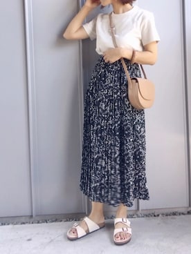 「Chaco closet（チャコ クローゼット）のアソートプリーツ Aラインウエストゴムロングスカート[チェック 小花柄 ダルメシアン コーデュロイ サテン シアー 無地]（スカート）」を使った、m♡ao*さん（レディース・152cm）の夏コーディネート