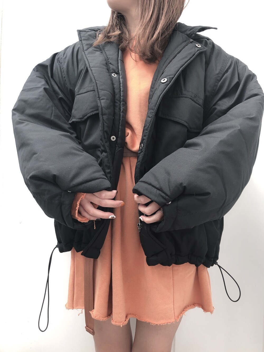 「apretro_zozo、apretro、アプレトロ、ZOZOでしか買えない、ZOZO限定、ブルゾン、outer、プチプラコーデ、fashion、おしゃれさんと繋がりたい」｜「ap retroの中綿フード2WAYブルゾン【ZOZO限定アイテム】（ダウンジャケット/コート、ブラック系）」を使った、ap retroさん（レディース・156cm）の冬コーディネートの1枚目の写真