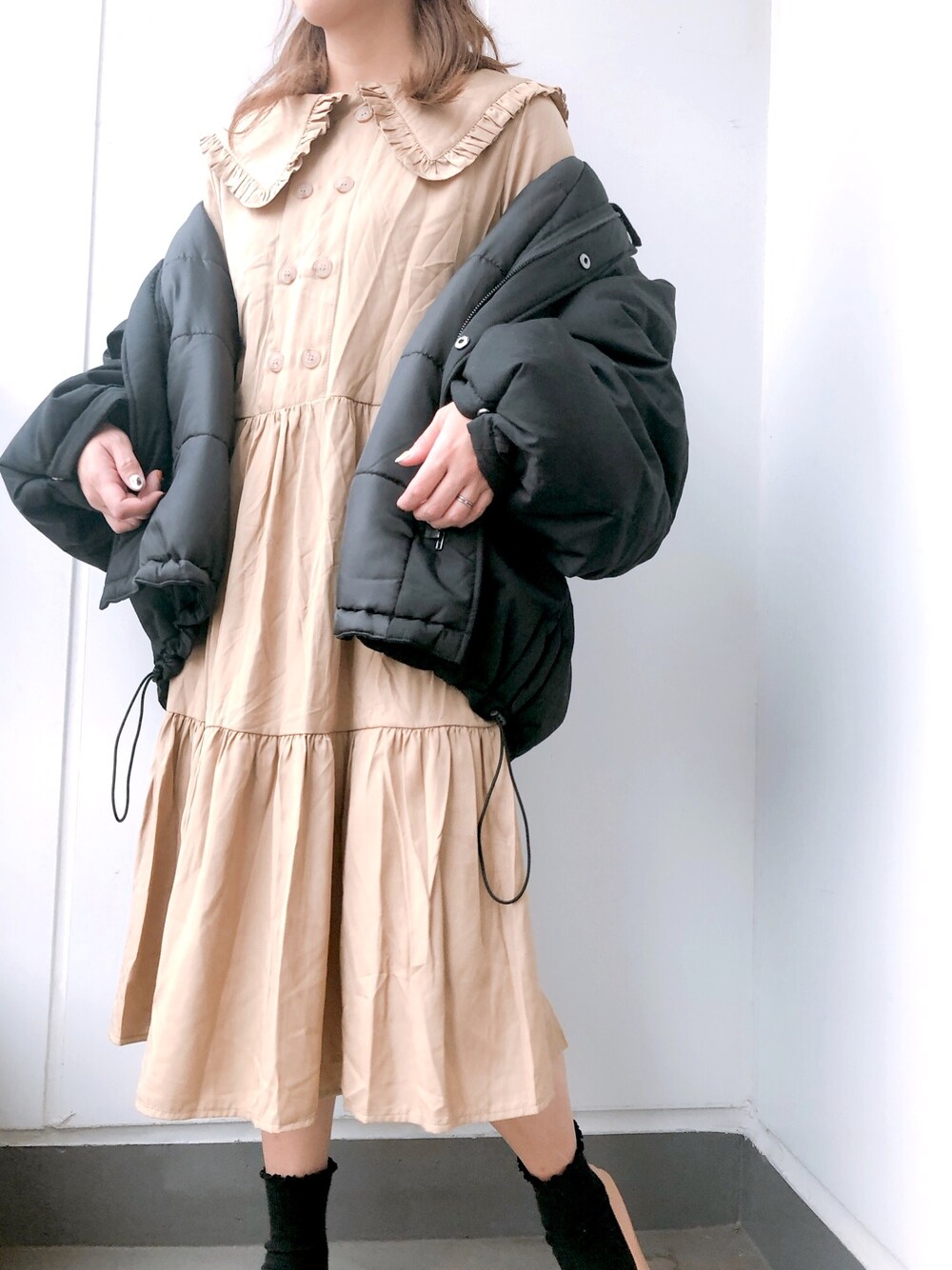 「apretro、apretro_zozo、ZOZOでしか買えない、ZOZO限定、outer、SALE、プチプラ、プチプラコーデ、お洒落さんとつながりたい、アプレトロ」｜「ap retroの中綿フード2WAYブルゾン【ZOZO限定アイテム】（ダウンジャケット/コート、ブラック系）」を使った、ap retroさん（レディース・156cm）の冬コーディネートの1枚目の写真