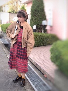 「赤チェック」｜「アイテム（ブルゾン）」を使った、鮎さん（レディース・164cm）の秋コーディネート