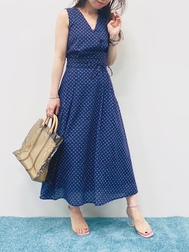 「Andemiu（アンデミュウ）のコモンガラカシュクールワンピース910529（ワンピース、ブルー系）」を使った、KANAさん（レディース・155cm）の春コーディネート