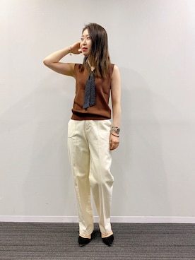 「Andemiu（アンデミュウ）のフハクボウタイニットプルオーバー911402（ニット/セーター、ブラウン系）」を使った、KANAさん（レディース・155cm）の春コーディネート