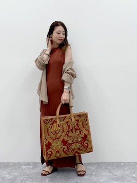 「Andemiu（アンデミュウ）のアミチガイニットワンピース911404（ワンピース、ブラウン系）」を使った、KANAさん（レディース・155cm）の夏コーディネート