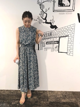 「Andemiu（アンデミュウ）のドロストハナガラワンピース912806（ワンピース、グリーン系）」を使った、KANAさん（レディース・155cm）の夏コーディネート