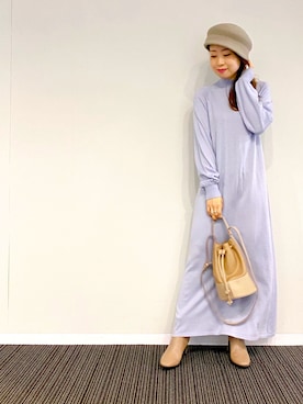 「Andemiu（アンデミュウ）のバックリボンタートルニットワンピース（ワンピース/ドレス、ブルー系）」を使った、KANAさん（レディース・155cm）の秋コーディネート