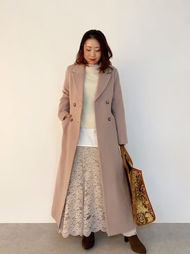 「Andemiu（アンデミュウ）のモッサスーパーロングコート916602（その他アウター、ブラウン系）」を使った、KANAさん（レディース・155cm）の秋コーディネート