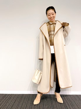 「Andemiu（アンデミュウ）のジャージーメルトンガウン925884（ノーカラーコート、ベージュ系）」を使った、KANAさん（レディース・155cm）の冬コーディネート