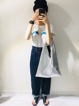 「OZOC（オゾック）のアイテム（トートバッグ）」を使った、moratoriamu.さん（レディース・155cm）の夏コーディネート