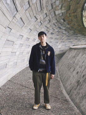 「SAINT JAMES（セントジェームス）のアイテム（帽子）」を使った、ZHE GANGさん（メンズ・177cm）の冬コーディネート