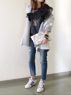 「Ungrid（アングリッド）のフレイドヘムストスリ（デニムパンツ）」を使った、mueさん（レディース・158cm）の春コーディネート