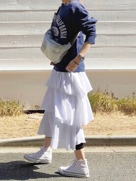 「アイテム（ボディバッグ/ウエストポーチ、シルバー系）」を使った、mueさん（レディース・158cm）の春コーディネート