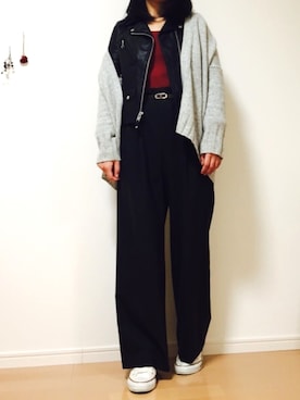 「ROKU」｜「アイテム（ライダースジャケット）」を使った、ぱこさん（レディース・167cm）の冬コーディネート