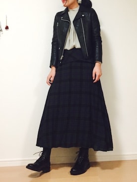 「レザーブーツ」｜「アイテム（ライダースジャケット）」を使った、ぱこさん（レディース・167cm）の冬コーディネート