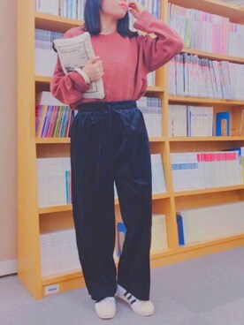 「Qoo10のアイテム（その他パンツ、ブラック系）」を使った、mamimamiさん（レディース・155cm）の冬コーディネート