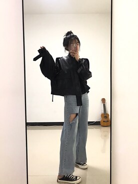 「盐系风格」｜「アイテム（ライダースジャケット）」を使った、Cassiecoutureさん（レディース・160cm）の秋コーディネート