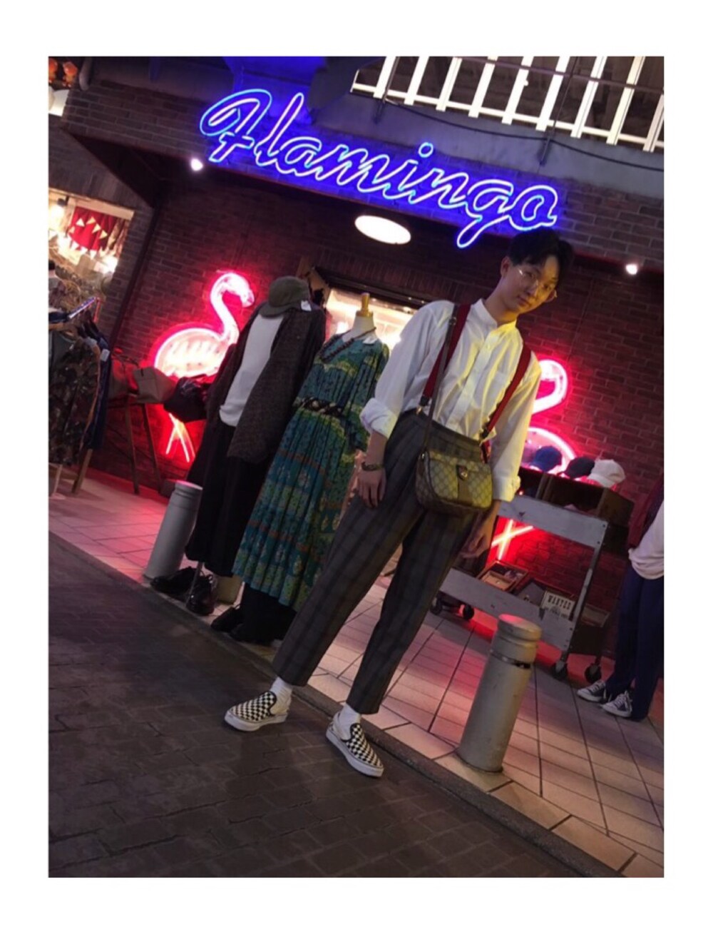 「休日スタイル、高校生、OCEANTOKYO、ラフ、古着、古着MIX、GUCCI、峰田大暉、夏、ノーカラーシャツ」｜「VANSの【ユニセックスサイズ】VANS / Classic Slip-On (CHECKER FLAG)（スリッポン、その他）」を使った、rikUさん（メンズ・172cm）の夏コーディネートの1枚目の写真