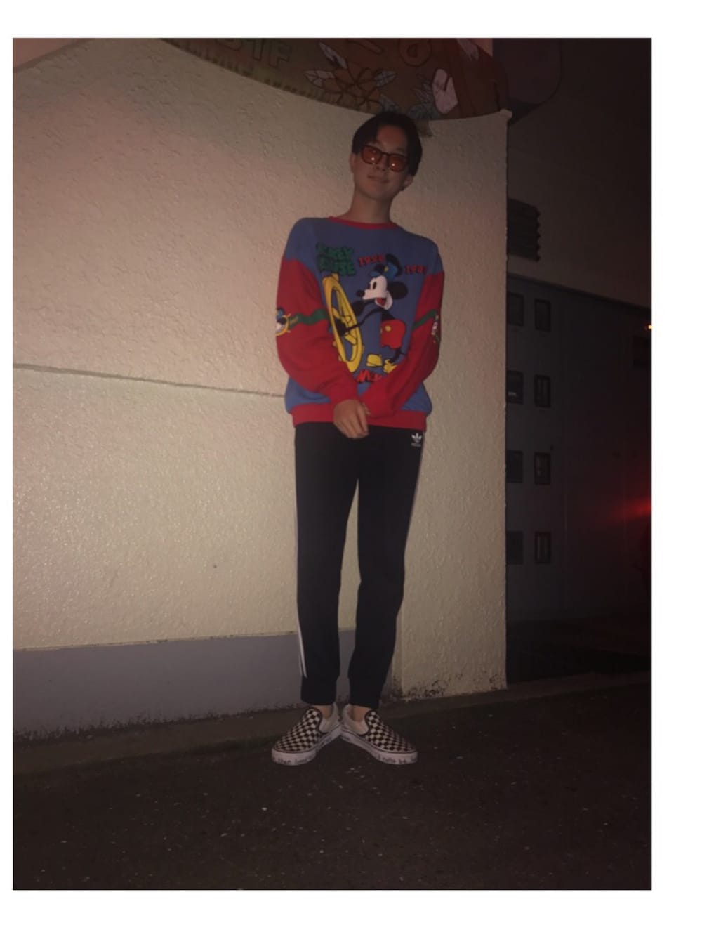 「秋のコーデ、秋、秋服、カジュアル、おしゃれさんと繋がりたい、高校生、used、古着」｜「VANSの【ユニセックスサイズ】VANS / Classic Slip-On (CHECKER FLAG)（スリッポン、その他）」を使った、rikUさん（メンズ・172cm）の秋コーディネートの1枚目の写真