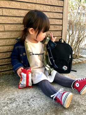 「90cm」｜「アイテム（デニムジャケット）」を使った、はなさん（キッズ・80cm）の春コーディネート