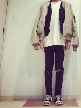 「UNUSED（アンユーズド）のアイテム（MA-1）」を使った、myucさん（メンズ・170cm）の冬コーディネート