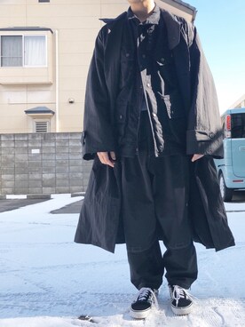 「POLYPLOID（ポリプロイド）のアイテム（ステンカラーコート）」を使った、myucさん（メンズ・170cm）の冬コーディネート